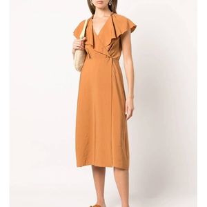 Vince L Copper Ruffled Midi Wrap Dress Flutter Sleeve V Neck NWD New Women's